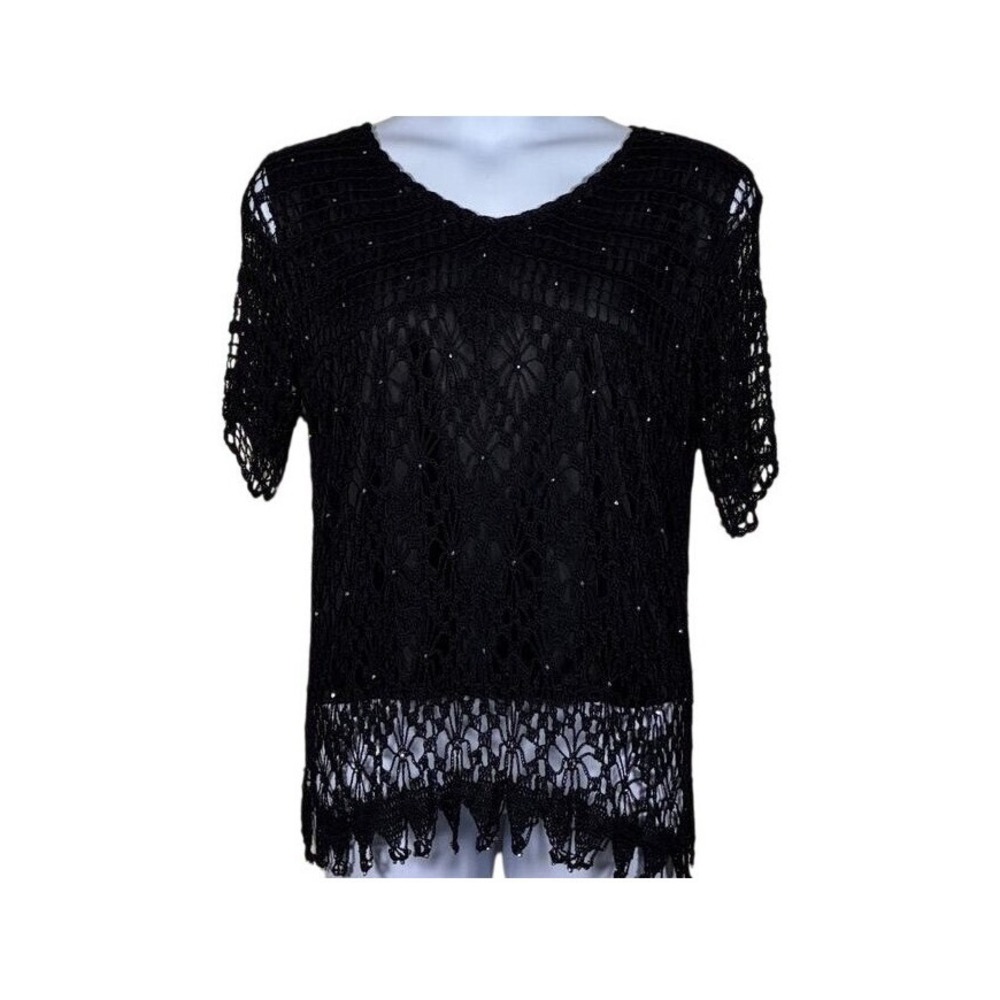 Blouse‎ Top XL Black Embellished Crochet Lace Overlay Whimsygoth Dark Fairy Chic
